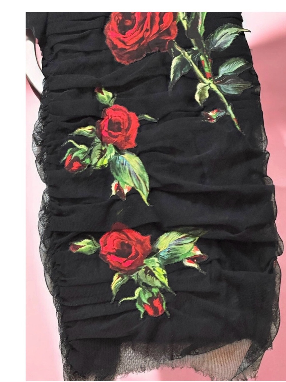 Dolce & Gabbana Black Sheer Ruched Dress with Red Rose Embroidery - Picture 5 of 6